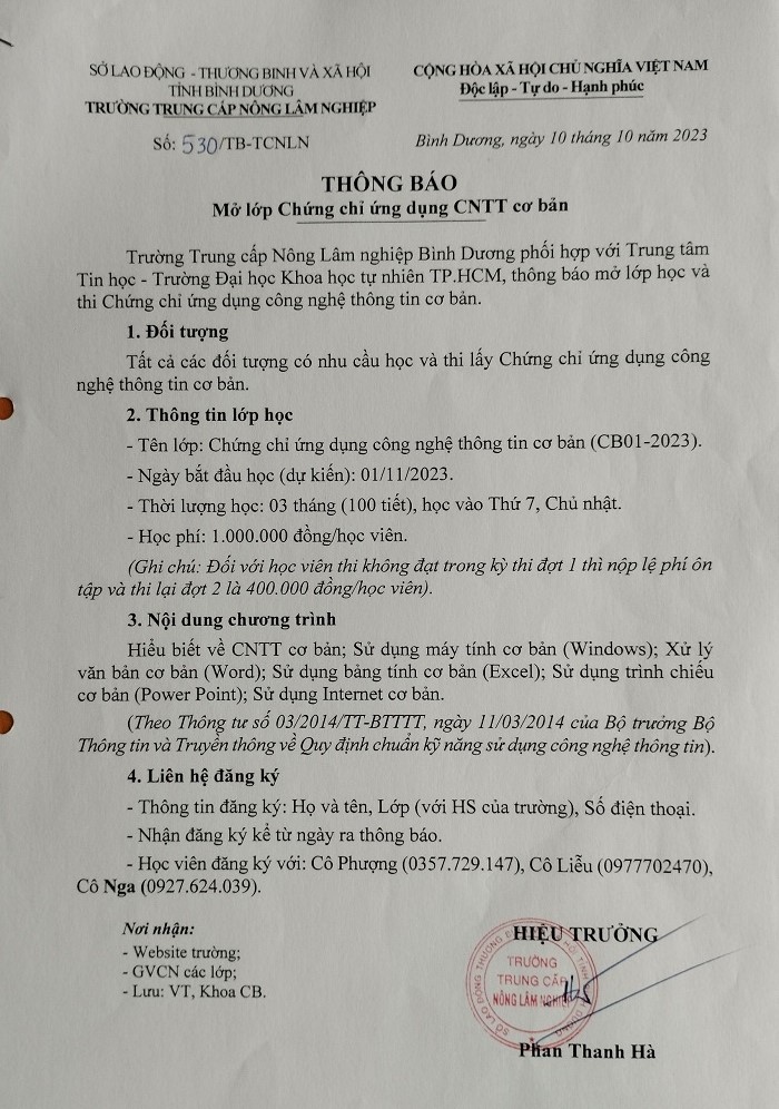 Thông báo mở lớp Chứng chỉ Công nghệ thông tin cơ bản